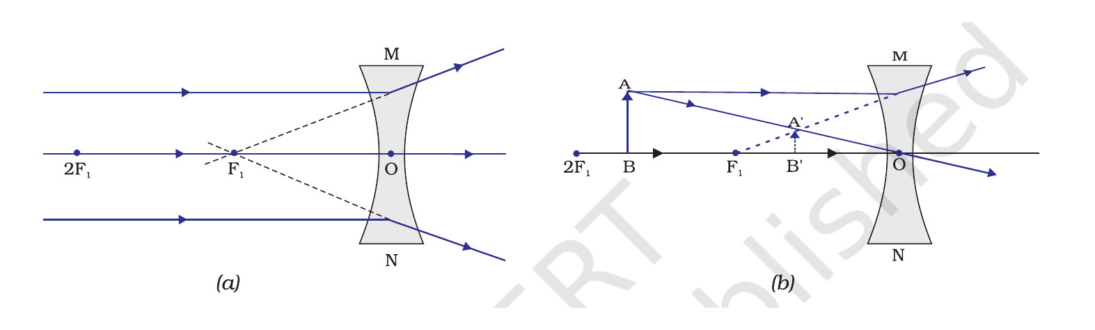 NCERT ray diagrams for image formation by a concave lens when the object is at infinity and at a finite distance.