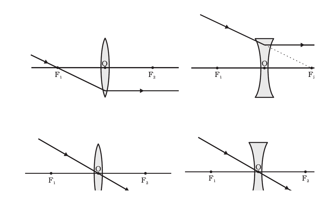 NCERT ray diagrams showing the principal rules for convex and concave lenses.